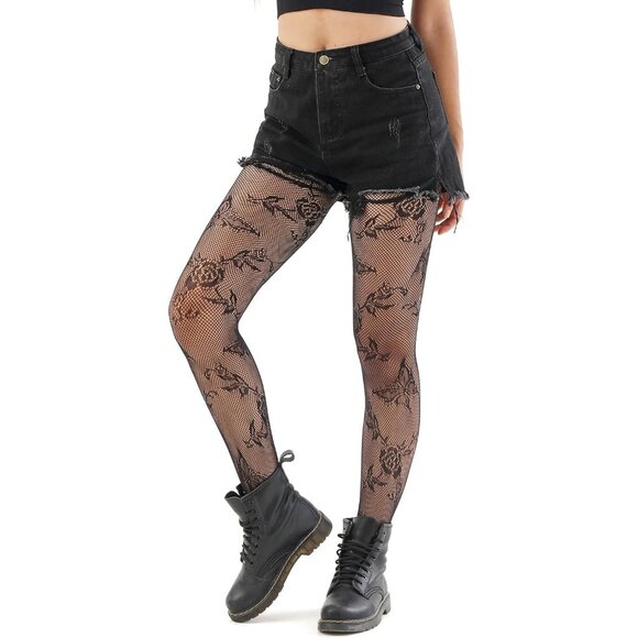 Women's Black Fishnet Tights with Floral Pattern Elegant and Comfortable - Picture 5 of 5